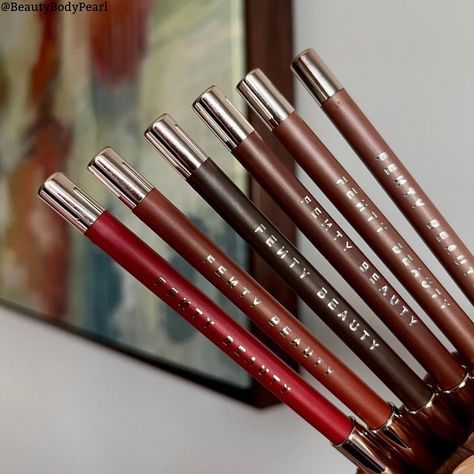 The Fenty Beauty Trace’D Out Pencil Lip Liners are finally here! This is a solid, long-wear formula with saturated shades to create perfect lip combos. My main gripe is that this pencils are so soft that they break easily. They broke on two different occasions when I wore them, and the deepest shade also broke as I was swatching it. Also, I wish that there was a deeper pink shade. I passed on the Riri shade because it wasn’t quite pigmented enough. I rate these a 7/10. Shades pictured: ... Fenty Beauty Lip Liner, Lip Liner Swatches, Satin Panty, Lip Combos, Face Girl, Lip Liners, Deep Skin, Perfect Lips, Pink Shade