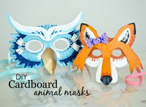 DIY: Owl and Fox Cardboard Masks Face Painting For Halloween, Owl Crafts For Kids, Cardboard People, Cardboard Masks, Grandchildren Gift Ideas, Zebra Mask, Owl Templates, Cardboard Animals, Paper Face