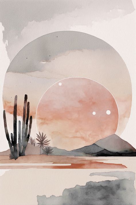 Boho sunset watercolor painting Boho Painting Watercolor, Watercolour Boho Art, Boho Desert Painting Ideas, Boho Watercolor Painting, Boho Painting Mountain, Watercolour Desert Landscape, Sun And Mountain Painting, Watercolor Desert Sunset, Lake With Mountains