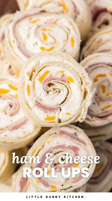 Ham and Cheese Roll Ups are the easiest appetizer recipe and perfect for parties, game day, or even as a quick lunch. Just 5 simple ingredients are needed. Han And Cheese Roll Ups, Ham Tortilla Roll Ups, Lunchmeat Roll Ups, Ham Roll Ups With Cream Cheese, Ham And Cheese Rollups, Holiday Munchies, Ham Pinwheels, Tortilla Pinwheels Recipe, Cheese Roll Ups