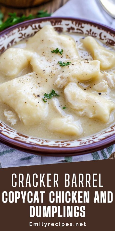 Craving Cracker Barrel chicken and dumplings? Make it at home with this simple recipe! Soft dumplings, tender chicken, and homemade flavor you’ll love. Great for special dinners or everyday comfort food cravings. No restaurant trip needed! Save this recipe and enjoy this classic dish straight from your kitchen. Soft Dumplings, Cracker Barrel Chicken And Dumplings Recipe, Cracker Barrel Chicken And Dumplings, Cracker Barrel Copycat, Cracker Barrel Chicken, Pre Cooked Chicken, Southern Dishes, Fresh Chicken, Dumpling Recipe