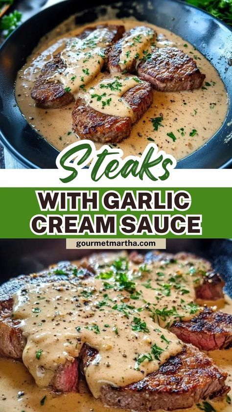 Elevate your dinner with these perfectly seared Steaks with Garlic Cream Sauce. Rich, creamy, and packed with garlicky goodness, this recipe takes your steak game to the next level. Ready to cook? Click for the recipe! #SteakDinner #GarlicCreamSauce #SteakRecipe #DinnerInspiration #EasyGourmet #SteakLovers #GarlicLovers #CreamySauce #QuickDinnerIdeas #DinnerTonight #FoodieFavorites #ComfortFood Steak With Ghostly Bourbon Garlic Cream Sauce, Steak With Garlic Cream Sauce, Garlic Sauce For Steak, Steak Cream Sauce, Garlic Cream Sauce Recipe, Steak Sauce Recipes, Garlic Steak, Pumpkin Cream Cheese Muffins, Garlic Cream Sauce