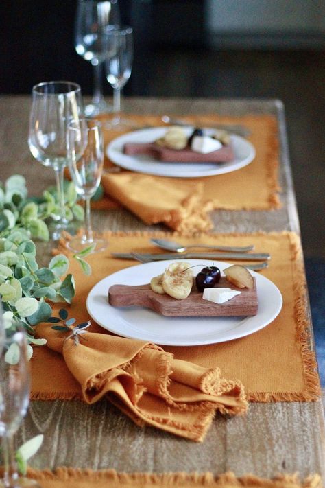 Fall Tablescape Featuring The Chic(ish) Mini Cheese Board - The Chic(ish) Chick Mini Cheese Board, Outdoor Tablescapes, Mini Cheese Boards, Orange Placemats, Party Boards, Thanksgiving Table Decor Ideas, Holiday Tablescape, Fall Menu, Engagement Dinner