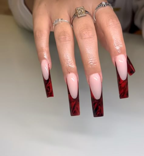 Red Marble French Tip Nails, Revenge Nails Acrylic, Crimson Nail Designs, Black N Red Nails, Red Marble Nails Acrylic, Red Black White Nails, Red Black And White Nails, Red Marble Nails, Red Acrylic Nails