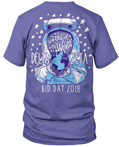 Metrogreek | DZ Shirts | Bid Day Shirts | Space Theme Bid Day | Outer Space Bid Day | Bid Day Themes | DZ Bid Day | Delta Zeta Out of this World Shirt Space Bid Day, Bidday Themes, Sorority Themes, Recruitment Themes, Minimal Shirt Design, Sorority Shirt Designs, Bid Day Shirts, Sorority Sugar, Sorority Rush