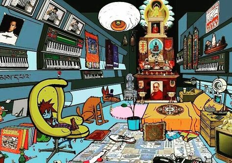 Gorillaz, 2-D's room at King studio. Jamie Hewlett Art, Zx Spectrum, Monkeys Band, Reel To Reel, Sound Check, Jamie Hewlett, Gorillaz Art, Surrealism Art, Messy Room