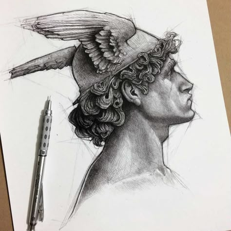 Hermes Tattoo, Greek Drawing, Medusa Drawing, Greek God Tattoo, Greek Pantheon, Scratchboard Art, Really Cool Drawings, Greek Tattoos, Greek Mythology Art