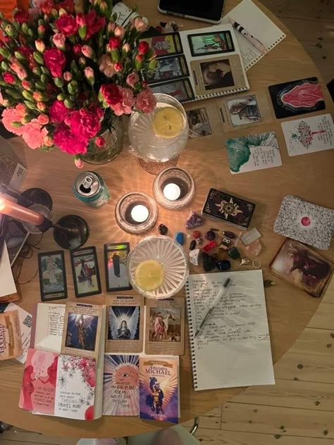 February Vision Board Aesthetic, Tarot Table Set Up, Manifesting Party, Manifestation Party, Tarot Party, Bday Sleepover, Tarot Cards Aesthetic, Tarot Table, Planning Goals