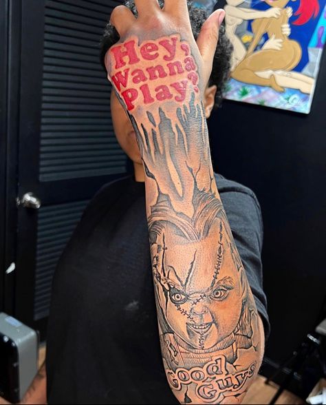 Chucky Tattoos Horror, Alt Forearm Tattoos, Chucky Arm Tattoos, Chucky Doll Tattoo, Killer Tattoos Serial, Bad Tattoos Ideas, Chucky Tattoos, Forearm Tattoo Black Men, Chucky Tattoo Design