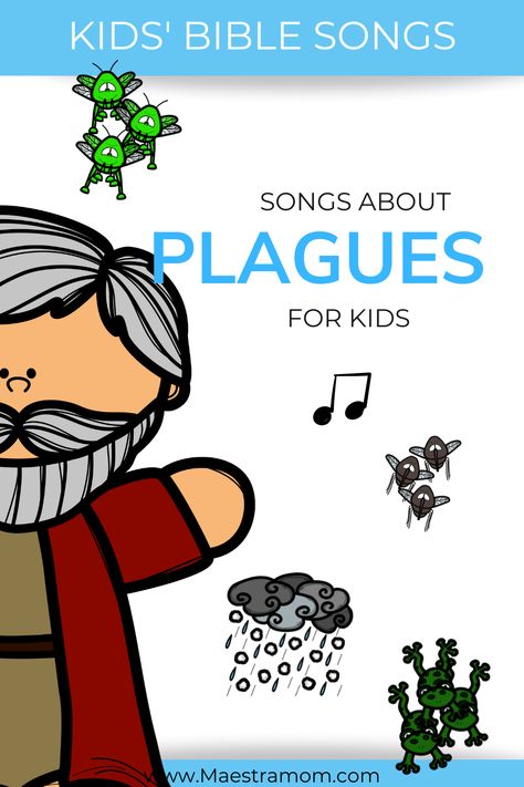 Moses and the Ten Plagues - Bible Songs for Kids - Maestra Mom Moses And The Ten Plagues Activity, Moses And The Exodus Craft, Moses And The 10 Plagues Craft, Moses Games For Kids, Ten Plagues Craft, Moses Crafts For Kids, 10 Plagues Of Egypt Craft, Plagues Of Egypt Craft, Moses And The Plagues