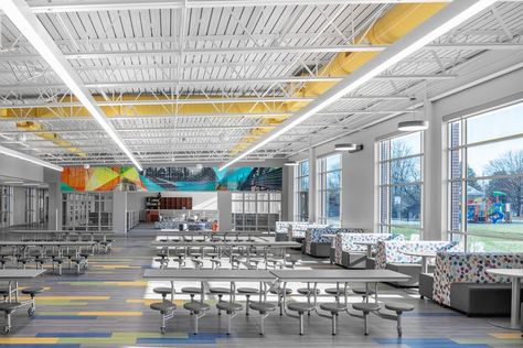 colorful middle school cafeteria with views outdoors Middle School Cafeteria Design, School Cafeteria Design, Middle School Cafeteria, Communities Unit, Cafeteria Design, Senior Center, School S, School Cafeteria, Stationary School