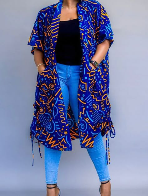 Chiffon Kimono Jacket Nigeria, Kimono Tops Designs, Stylish Kimono Ankara Styles, Adire Kimono Outfit, Ankara Kimono Outfit, Kimono Ankara Styles, Ankara Jacket Styles, Kimono Robes Pattern, Ankara Jackets For Women