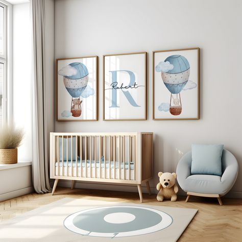 Blue Themed Nursery, Baby Boy Blue Nursery, Blue Gray Nursery, Blue Hot Air Balloon, Grey Nursery Boy, Blue Nursery Boy, Bear And Bunny, Baby Boy Bear, Hot Air Balloon Nursery