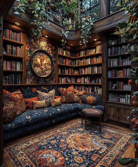 A charming home library with whimsical literary-themed wall art in warm colors, comfortable seating, wooden shelves filled with books, and soft lighting creating an inviting atmosphere for reading and relaxation. Library Movie Room, Interior Design Library Home, Library Shop Design, Comfy Home Library, Art Studio Library, Cozy Office Library, Cozy Library Nook, Home Libraries Ideas, Small Home Library Aesthetic