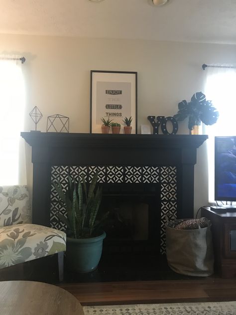 Black fireplace mantle DIY painted tile surround. Black Subway Tile Fireplace Surround, Fireplace Mantels Black Tile, Black Fireplace Mantle, Paint Inside Fireplace Black, Matte Black Tile Fireplace Surround, Paint Fireplace Tile Black, Fireplace Mantle Diy, Painted Fire Surround, Black Fireplace Mantel