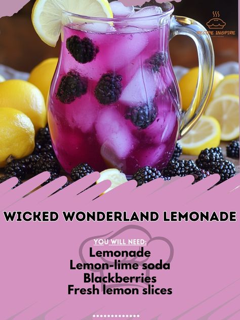 🖤🍋 Enter a world of spooky sweetness with Wicked Wonderland Lemonade – a bewitching drink perfect for Halloween! 🎃🍹 #WickedWonderland #HalloweenSips Wicked Wonderland Lemonade Ingredients: Lemonade (2 cups) Lemon-lime soda (1 cup) Blackberries (1/2 cup) Fresh lemon slices (1) Vodka (1/2 cup) Ice (as needed) Instructions: Mix lemonade, soda, and vodka in a pitcher. Add blackberries and lemon slices. Serve over ice. Step into the spooky season with Wicked Wonderland Lemonade – a fun and eer... Black Light Lemonade, Spooky Lemonade, Alice In Wonderland Drinks Nonalcoholic, Glow In The Dark Lemonade, Witches Brew Lemonade, Drinks For Tea Party, Virgin Halloween Drinks, Blackberry Lemonade, Halloween Lemonade