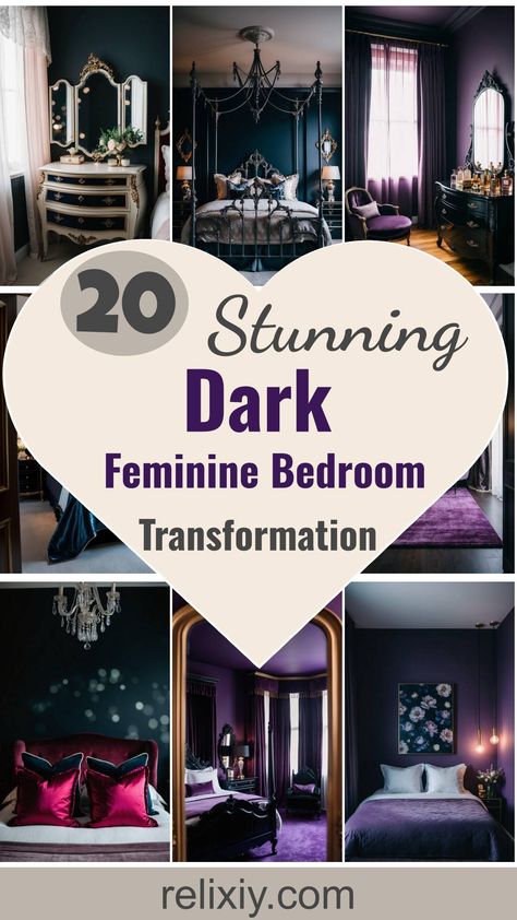 20 Stunning Dark Feminine Bedroom Ideas To Transform Your Space Victorian Bedrooms Romantic, Plum Colored Bedrooms, Moody Color Drenched Bedroom, Dark Wall Bedroom Master Bed Color Schemes, Black French Bedroom, Dark Jewel Tone Color Palette Bedroom, Bedroom Color Ideas For Women, Dark Teen Bedroom, Black Feminine Bedroom