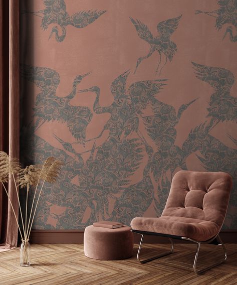 Blue Heron Wallpaper, Heron Wallpaper, Chinoiserie Wallpaper, Herons, Art Deco Wallpaper, Burnt Sienna, Blue Backdrops, Wallpaper Trends, Bird Wallpaper