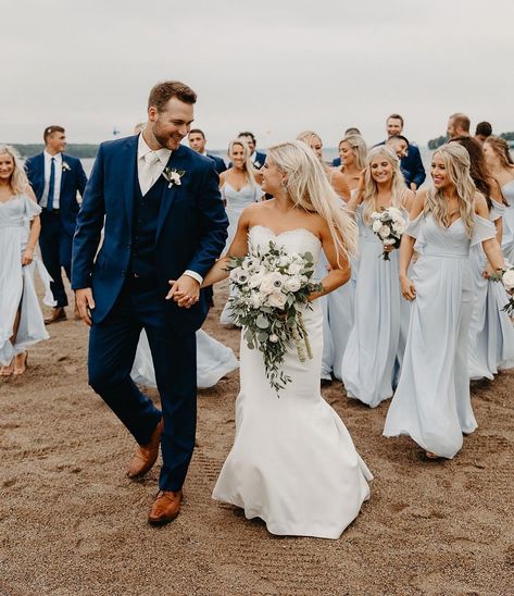 JANELLE ELISE on Instagram: “The dusty blue bridesmaid dresses and navy suits were the perfect combo 🙌🏻” Bridesmaid Dresses With Navy Suits, Blue Bridesmaid Dresses Beach, Tiffany Blue Bridesmaids, Tiffany Blue Bridesmaid Dresses, Paisley Tuxedo, Navy Suit Wedding, Light Blue Bridesmaid Dresses, Light Blue Bridesmaid, Beach Bridesmaids