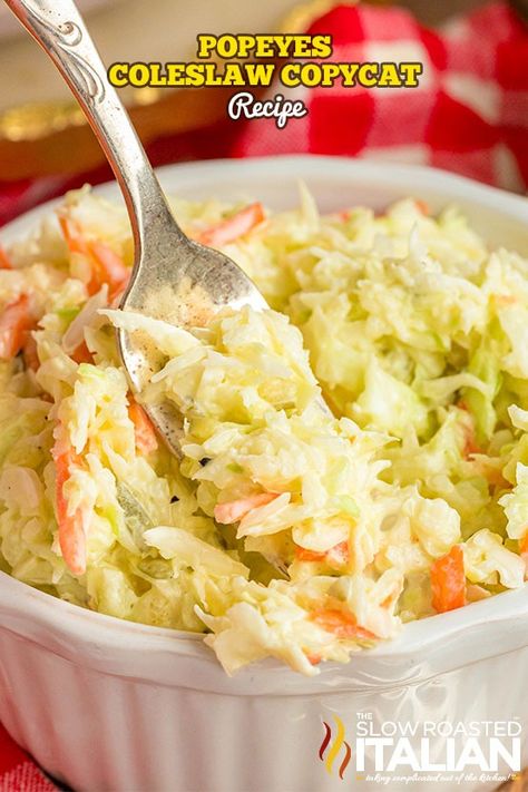 Popeyes Coleslaw (Copycat Recipe!) - The Slow Roasted Italian Popeyes Coleslaw Recipe, Kfc Mashed Potatoes, All American Food, Slow Roasted Italian, Copy Cats, The Slow Roasted Italian, Chicken And Biscuits, Summer Veggies, Smoked Ribs