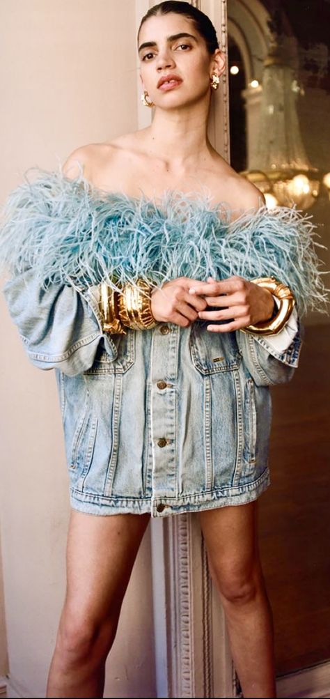 Denim And Diamonds, Denim On Denim, Upcycled Fashion, Upcycled Denim, Denim Mini Dress, Ostrich Feathers, Photoshoot Outfits, Looks Chic, Designer Style