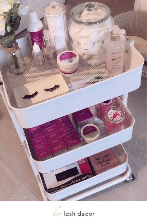 Lash Cart Organization, Lash Organization Ideas, Lash Cart Ideas, Lash Cart Set Up, Lash Cart, Cart Organizer, Lash Room Ideas, Eyelash Decor, Eyelash Studio