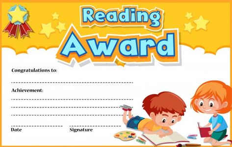 Certificate template for reading award w... | Premium Vector #Freepik #vector #school #people #books #kids Reading Awards Certificate, Graduation Awards, Classroom Awards Certificates, School Award Certificates, Reading Certificates, Free Printable Certificate Templates, Montessori Calendar, Ramadan Activity, Achievement Certificate