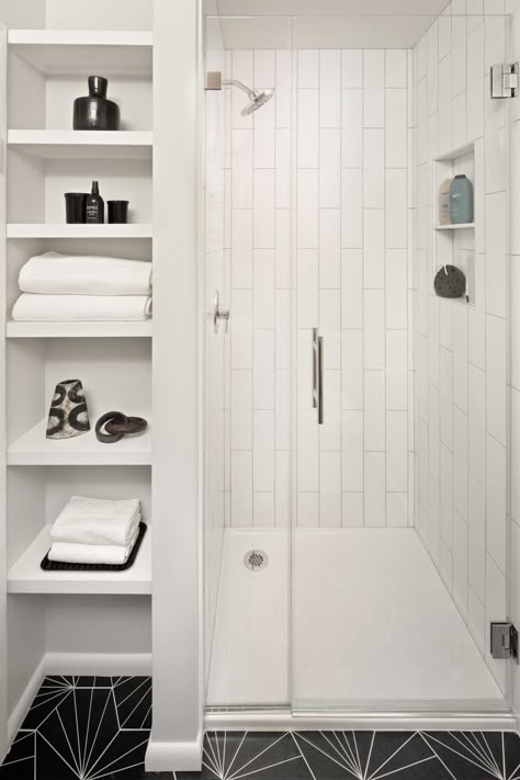 Guest Bathroom Renovations - Modern - Bathroom - DC Metro - by Jordan Design-Build Group | Houzz Small Guest Bathroom With Shower Walk In, Small Bathroom With Linen Closet, Sink Toilet Shower Bathroom Layout, Towel Niche In Bathroom, Towel Closet In Bathroom, Bathroom Closets And Shelving, Shower With Closet Next To It, Bathroom Lining Closet, Closet Shower Ideas