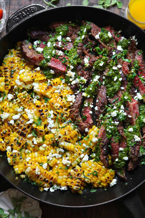 Flank Steak with Corn, Feta Cheese, and Spinach Sauce - in a cast iron skillet. Spinach Sauce, Skillet Dinner Recipes, Flank Steak Recipes, Bacon Sausage, Summer Produce, Yellow Corn, Baked Garlic, Garlic Butter Chicken, Corn Recipes