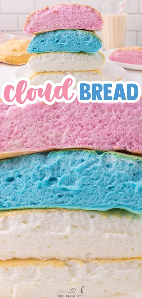 Soft and Fluffy Cloud Bread is easy to make and tastes like a mix of cotton candy and marshmallows! This TikTok viral Cloud Bread recipe is fun to rip open, revealing the colorful and sweet bread inside. It requires just 4 ingredients and minimal baking time! Kids LOVE dessert but kids LOVE fun desserts even more! Banana Pudding Chocolate, Easter Cheesecakes, Pudding Chocolate Chip Cookies, Dinner Ideas Crock Pot, Cloud Bread Recipe, Blue Bread, Kids Desserts, Simple Bread, Easy Easter Treats