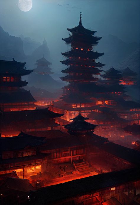 Fire City Fantasy Art, Japanese Palace Fantasy Art, Imperial China Aesthetic, City Concept Art, Imperial City, Japanese City, Chinese Aesthetic, Rpg Map, Urban Landscapes