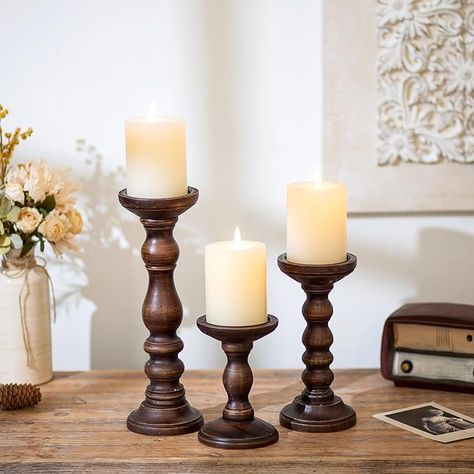 Romadedi Wood Candle Holders for Pillar - Set of 3 Tall Rustic Vintage Wooden Candlestick Holder, Farmhouse Candle Stand for Fireplace Mantle Shelf Table Home Decor, Dark Brown, 6"/ 8.3"/11.8" Big Candles Decor, Big Candles Decor Living Rooms, Fireplace Mantle Shelf, Layered Candles, Wooden Pillar Candle Holders, Pillar Candle Stand, Brown Farmhouse, Wooden Candlestick Holders, Home Decor Dark