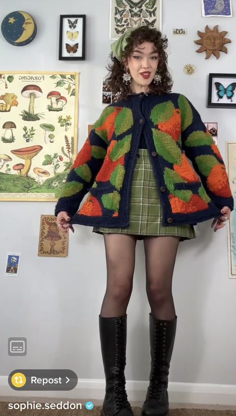 Orange Cottagecore, Orange Sweater Outfit, Fruit Sweater, Maximalist Outfits, Green Dress Outfit, Cottagecore Outfit, Cottagecore Sweater, Flirty Outfits, Artsy Outfit