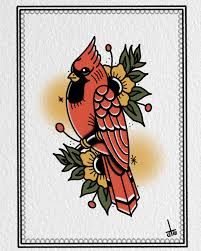 Connor Wood Tattoo - Traditional cardinal 🐦 Available to tattoo! #inkarnationuk #cardinal #traditionaltattoo #tattooapprentice #tattoo | Facebook Cardinal Dogwood Tattoo, Traditional Tattoos Cardinal, Cardinal Tattoo Traditional Style, Cardinal Sunflower Tattoo, Cardinal Tattoo Traditional, American Traditional Cardinal Tattoo, Traditional Cardinal Tattoo, Cardinal Tattoo Design, Red Cardinal Tattoo