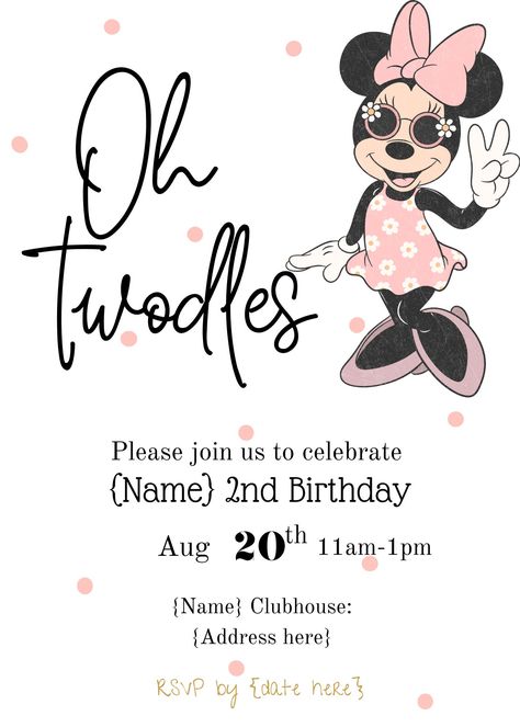 My littlest one is Minnie Mouse obsessed with an August birthday so we do pool parties every year and thought this theme was perfect! A nice way to keep the party going and share our little girls obsession was to share this cutie invite & signs with others. This is a DIGITAL DOWNLOAD ONLY, nothing will be physically shipped from my shop for this order. NOTEThis file is for personal use only ie. it is not to be used for commercial purposes. You may not copy, share, sell or distribute the file in any form. Digital files are not eligible for refunds non negotiable.   COPYRIGHT INFO / TERMS OF USE Please note that you are paying for my creative services and time spent designing these items. We do NOT SELL or claim ownership over these graphics, images, clipart, or characters; they belong to th Hey Twodles Birthday, Oh Twodles Birthday, Oh Twodles, Twodles Birthday, Minnie Mouse Invitations, August Birthday, Minnie Party, Minnie Birthday, Pool Parties