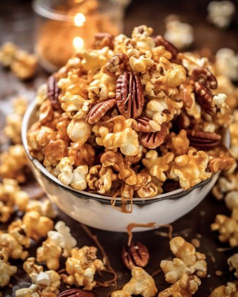 People always text me asking me for this recipe. I love giving huge bags as gifts every year. Plus, it's so cheap to make Praline Popcorn, Popcorn Recipes Easy, Candy Recipes Homemade, Snack Mix Recipes, Caramel Corn, Popcorn Recipes, Caramel Popcorn, Snack Mix, Pecans