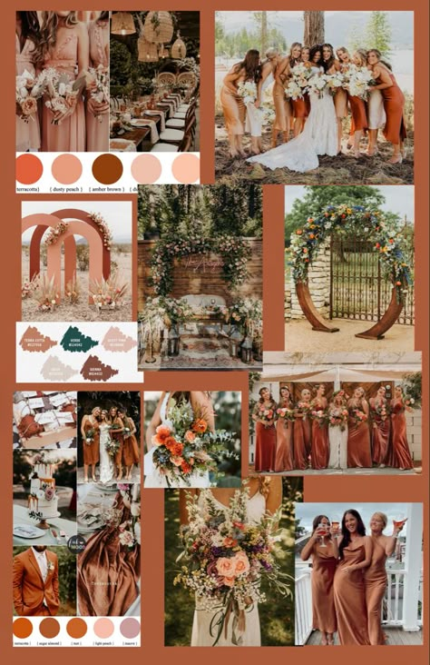 Dusty Coral Wedding Color Schemes, Sienna Color Wedding, Terracotta And Wine Wedding, Terracotta Shades Bridesmaid Dresses, Fall Wedding Terracotta And Sage, Cheap Fall Wedding Decor, Terracotta And Taupe Wedding, Golden Hour Wedding Palette, Wedding Color Schemes Terracotta