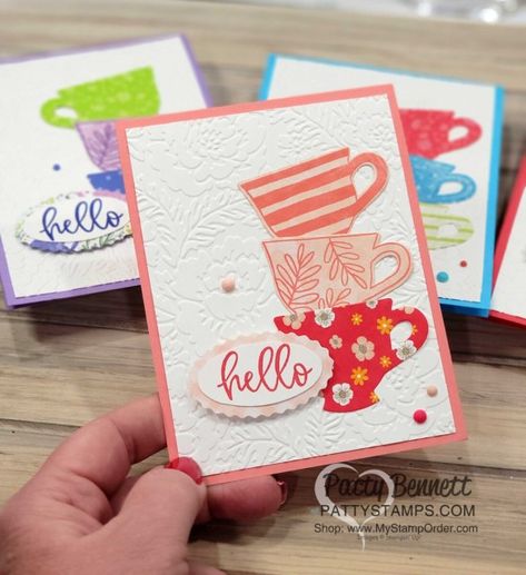 Using Dsp On Cards, Cup Cards Ideas, Tea Boutique Stampin Up Cards, Stampin Up Tea Cup Cards, Tea Cup Cards Ideas, Teacup Cards Handmade, Cup Of Tea Stampin Up Cards, Su Tea Boutique Cards, Tea Bouquet