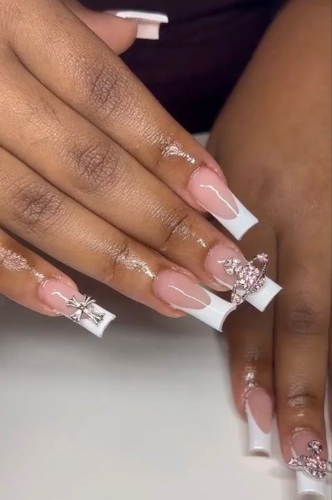 White Classy Acrylic Nails, Medium Length White Nails, Pink French Tip Nails Medium Length, Nails With White Designs, White French Tip Nails With Cross Charm, White On White French Tip Nails, White Nails With Cross Charm, French Tip Acrylic Nails With Cross Charm, Medium Length French Tip Nails