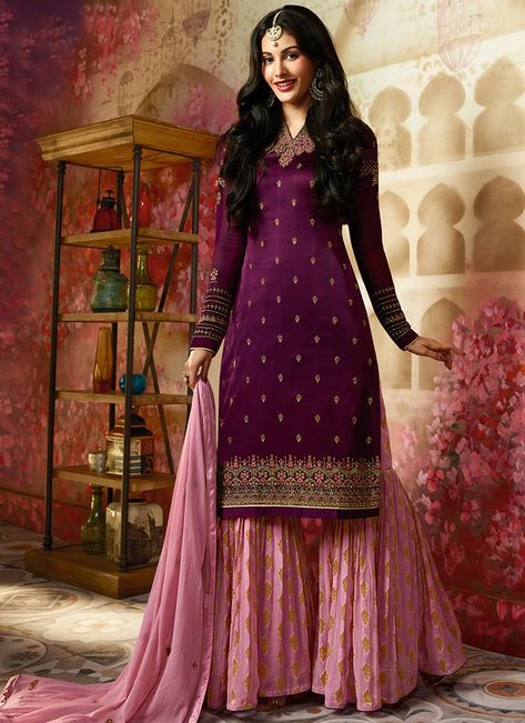 Purple and Lilac Embroidered Gharara Suit Gharara Designs, Gharara Suits, Sharara Designs, Wine Colour, Gaun Fashion, Pakistani Bridal Dresses, Pakistani Wedding Dresses, Designer Dresses Indian, Colour Combination