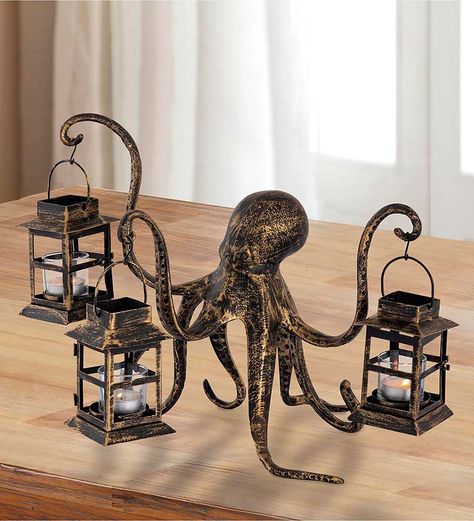 Octopus Lantern | Wind and Weather Diy Octopus Decoration, Octopus Lantern, Octopus Candle Holder, Creative Pics, Ocean Bathroom, Lantern Candle Holder, Steampunk Pirate, Lantern Candle, Lantern Centerpieces