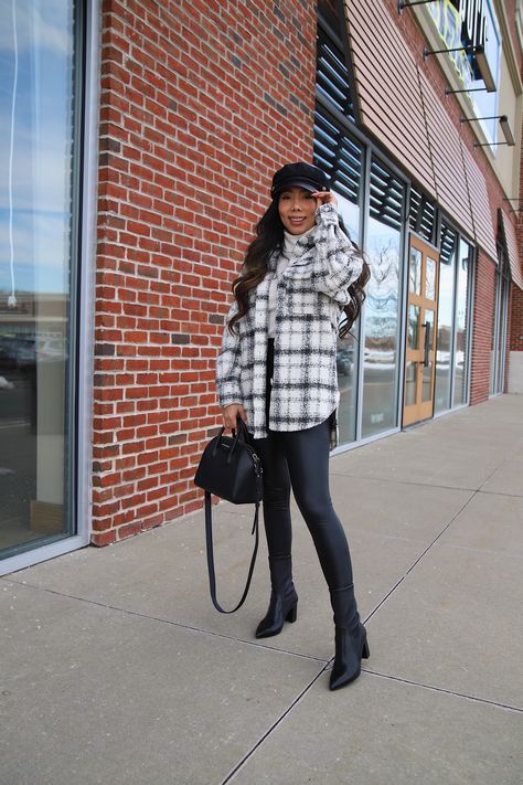 Tweed Shacket Outfit, Flannel Shacket Outfit Women, How To Style A Shacket, Plaid Shacket Outfit Women, Givenchy Bag Antigona, Leather Shacket Outfit, Style A Shacket, Black Sock Booties, Shacket Outfit Women