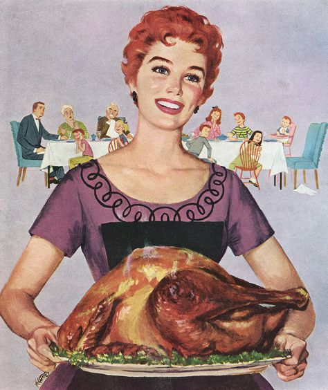 Illustration: Vintage Thanksgiving   Your Guide to a Pleasant (and Politics-Free) Thanksgiving With Your Family Retro Thanksgiving, Vintage Housewife, Thanksgiving Images, Thanksgiving Art, Retro Housewife, Vintage Thanksgiving, Illustration Vintage, Funny Thanksgiving, Vintage Life