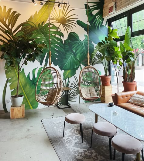 Coffee And Plant Shop, Jungle Themed Restaurant, Tropical Interior Design Cafe, Jungle Vibes Aesthetic, Greenery Coffee Shop, Plant Cafe Aesthetic, Smoothie Shop Aesthetic, Jungle Cafe Design, Plant Coffee Shop