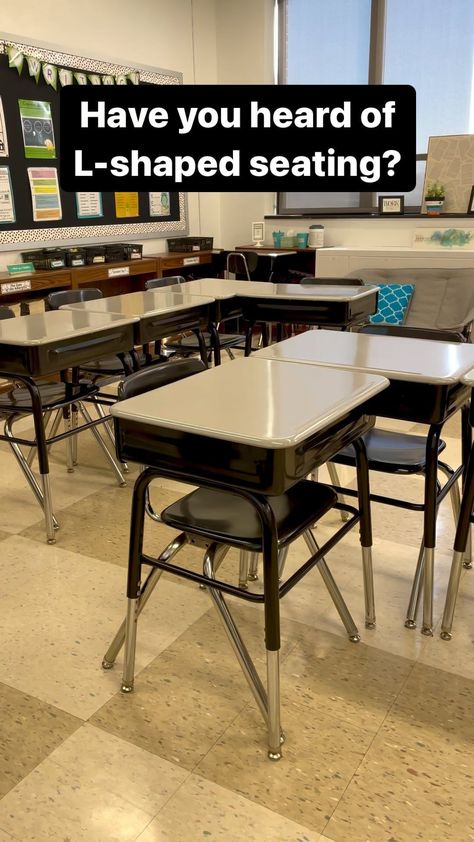 Jillian Watto | L-shaped seating is great for whole group, turn and talk, small groups, jigsaw, fishbowl, and more! I received a request to share my… | Instagram Desk Configuration Classroom, 28 Desk Arrangement Classroom, Desk Arrangement For Talkative Students, Alternative Seating Classroom Highschool, Desk Arrangement Ideas Elementary, Talkative Students, Alternative Seating Classroom, Seating Chart Classroom, Classroom Seating Arrangements