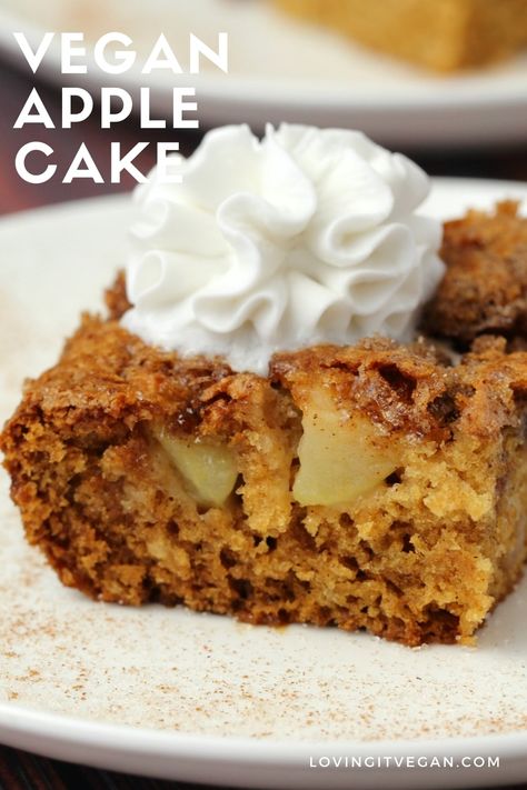 Light and fluffy vegan apple cake with a cinnamon sugar topping. Packed with fresh apple flavor and absolutely divine served warm with vegan whipped cream. | lovingitvegan.com Vegan Apple Loaf Cake, Vegan Apple Cake, Food For Christmas, Fresh Apple Cake, Vegan Whipped Cream, Vegan Apple, Vegan Eats, Vegan Cakes, Apple Crumble