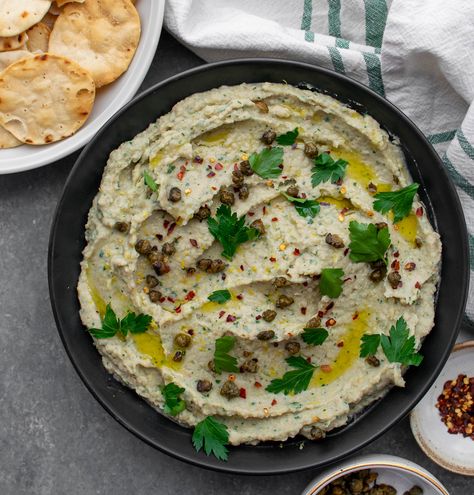 Roasted Garlic and Artichoke White Bean Dip with Fried Capers | Carolyn's Cooking Fried Capers, White Bean Chili, White Bean Dip, Artichoke Recipes, Bean Chili, Bean Dip, Chicken Piccata, Artichoke Dip, Artichoke Hearts