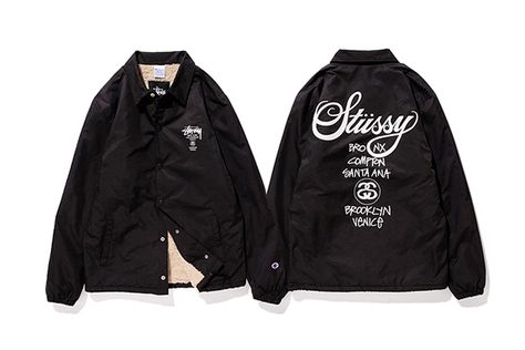 Image of Champion x Stussy "WT Nylon" Coach Jacket Coach Jacket Design, Stussy Jacket, Desain Editorial, Green Magic, Shirt Design Inspiration, Mens Fashion Inspiration, Bike Jersey, Mens Windbreaker, Mens Fashion Streetwear