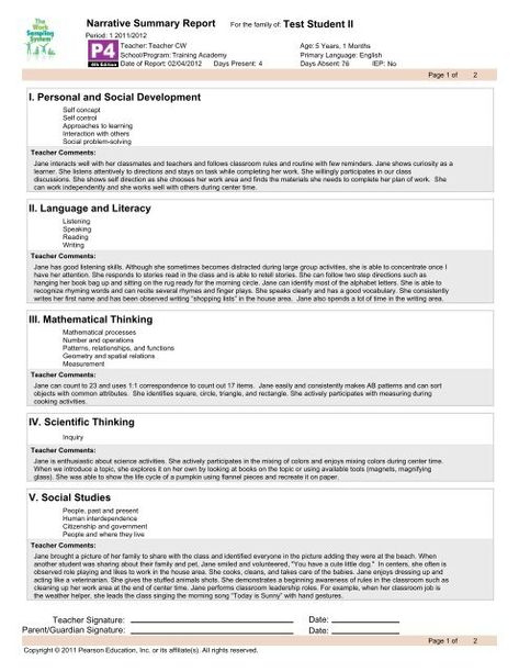 Narrative Sample Report 2 Teacher Comments, Good Listening Skills, Ab Patterns, Scientific Thinking, Morning Songs, Writing Area, Social Problem, Classroom Jobs, Good Vocabulary