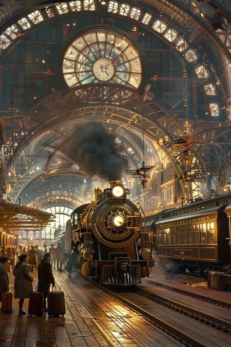 Around The World In 80 Days Aesthetic, Steampunk World Art, Steampunk Concept Art, Steampunk Tech, Ville Steampunk, Steampunk Train, Steampunk Architecture, Steampunk World, Steampunk Interior